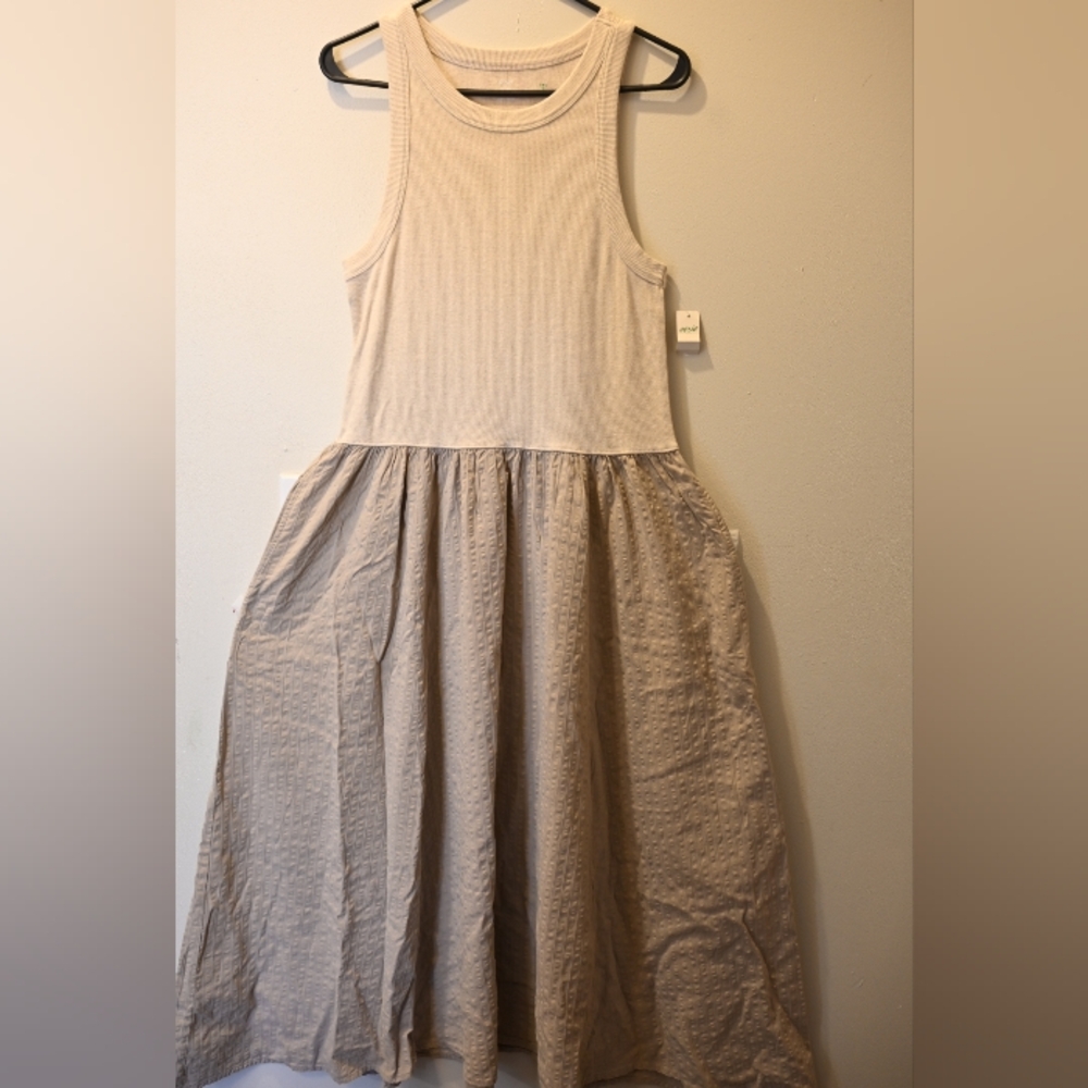 Aerie Ribbed Bodice Sleeveless Cotton Seersucker Beige Maxi Dress Pockets XL NWT